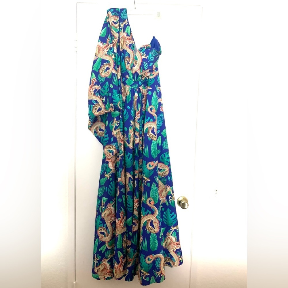 New Giffniseti Dragon Shoulder Bridesmaid Maxi Dress Gown Kimono Blue Orange - Picture 11 of 15